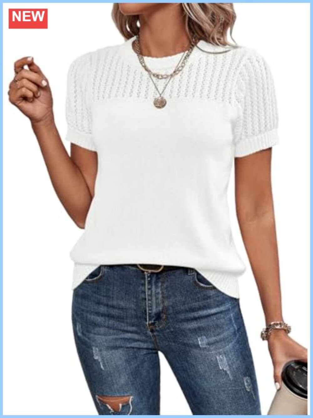 Hollow Out Knit Sweater Top Crewneck Short Sleeve Loose Fit Summer Tee